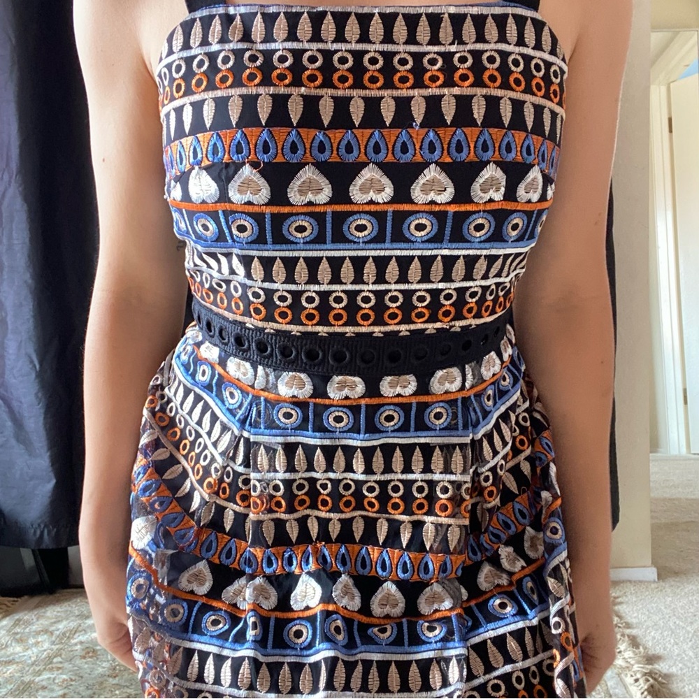 Antonio Melani  patterned and embroidered A-line cocktail evening midi dress.
